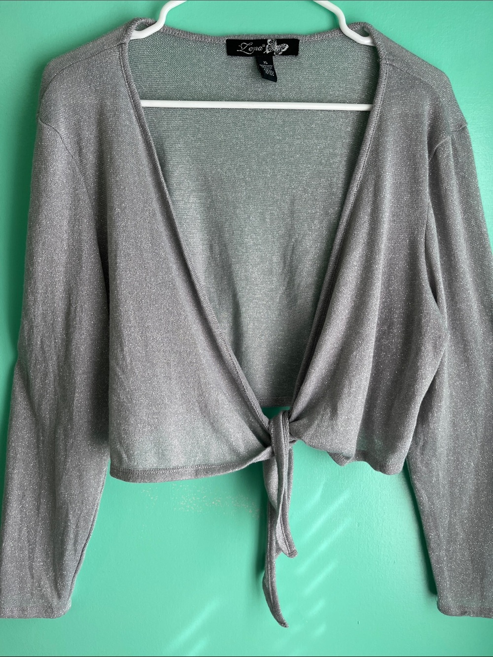 Lena Metallic Silver Knit Tie-Front cardigan